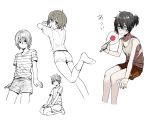  4boys bare_shoulders blue_eyes erubo fan multiple_boys partially_colored seiza shirt shorts sitting socks striped striped_shirt tank_top 