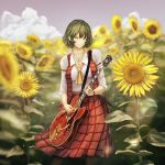  1girl ascot bass_guitar black_legwear breasts clouds collarbone flower green_hair highres instrument jewelry kazami_yuuka kikimifukuri looking_at_viewer medium_breasts necklace one_eye_closed outdoors pantyhose plaid plaid_skirt plaid_vest red_eyes red_skirt short_hair skirt sleeves_rolled_up smile solo sunflower touhou 