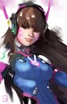  1girl bangs bodysuit breasts brown_hair bunny_print d.va_(overwatch) facepaint facial_mark headphones lips long_hair looking_at_viewer machochan medium_breasts nose overwatch parted_lips pauldrons pilot_suit ribbed_bodysuit shoulder_pads simple_background skin_tight smile solo swept_bangs upper_body whisker_markings white_background 