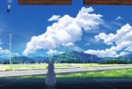  blue_sky clouds grass guard_rail highres mountain no_humans original rabbit road rural scenery sky telephone_pole veranda village wind_chime wire yun_(maxforse) 