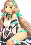  1girl angela_balzac arm_support bangs between_breasts black_gloves blonde_hair blush breasts close-up covered_navel crystal elbow_gloves eyebrows eyebrows_visible_through_hair gem gloves green_eyes hair_ornament headgear large_breasts leotard long_hair looking_at_viewer low_twintails rak_(kuraga) rakuen_tsuihou signature simple_background sitting smile solo twintails very_long_hair wariza white_background 