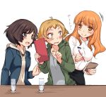  abenattou akiyama_yukari bangs blonde_hair blush brown_eyes brown_hair caesar_(girls_und_panzer) casual girls_und_panzer glass jacket long_hair messy_hair multiple_girls open_mouth short_hair takebe_saori waitress 