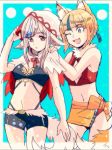  2girls animal_ears artist_request bangs black_border blonde_hair border fang fire_emblem fire_emblem_if fox_ears fox_tail hair_ornament hands_on_another&#039;s_shoulders highlights hood kinu_(fire_emblem_if) kitsune multicolored_hair multiple_girls navel one_eye_closed open_mouth red_eyes ribbon sidelocks simple_background sparkle tail velour_(fire_emblem_if) wolf_ears wolf_tail yellow_eyes 