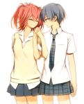  akuma_no_riddle azuma_tokaku black_skirt blue_hair closed_eyes collarbone holding_hands ichinose_haru interlocked_fingers minakata_sunao necktie pleated_skirt redhead school_uniform shirt short_hair short_twintails skirt smile twintails white_shirt 