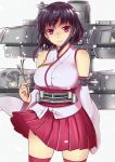  1girl black_hair blouse branch breasts cannon detached_sleeves hair_ornament highres japanese_clothes kantai_collection large_breasts lips machinery nontraditional_miko obi red_eyes red_skirt sash searchlight short_hair skirt skirt_set smokestack solo tiha turret wide_sleeves wristband yamashiro_(kantai_collection) 