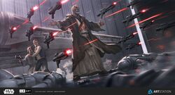  3boys ameen_naksewee beard blood bloody_clothes energy_gun facial_hair han_solo highres injury jedi laser_rifle luke_skywalker male_focus millennium_falcon multiple_boys obi-wan_kenobi old_man outstretched_arms star_wars stormtrooper 