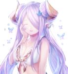  1girl ^_^ breasts butterfly butterfly_earrings closed_eyes collarbone doraf double_bun granblue_fantasy hair_ornament hair_over_one_eye hand_on_own_cheek highres horns lavender_hair long_hair medium_breasts narumeia_(granblue_fantasy) parted_lips pointy_ears shionty sketch smile solo upper_body white_background white_bikini_top 