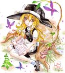  1girl apron blonde_hair blush book bow braid brown_eyes butterfly from_above hat hat_bow kabaji kirisame_marisa looking_at_viewer looking_up mary_janes open_mouth plant reading shoes side_braid sitting sketch solo touhou waist_apron wariza witch_hat 
