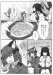  2girls animal_ears bird_wings blush cat_ears cat_tail closed_eyes comic eating fang food food_on_face food_request greyscale highres kaenbyou_rin mimoto_(aszxdfcv) monochrome multiple_girls multiple_tails reiuji_utsuho smile tail thought_bubble touhou translation_request tree two_tails wings 