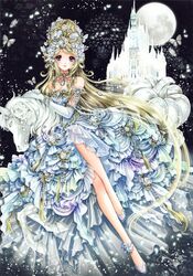  1girl absurdres bangs blonde_hair blue_dress blue_eyes blush butterfly castle choker cinderella cinderella_(grimm) closed_mouth dress elbow_gloves flower full_body full_moon gem glass_slipper gloves glowing hair_flower hair_ornament hair_up highres horse huge_filesize light_particles light_smile long_hair moon petals scan shiitake_(gensoudou) sitting swept_bangs very_long_hair white_gloves 