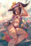  1girl bikini breasts cleavage cup drinking_glass food fruit han_juri looking_at_viewer navel reclining solo stomach street_fighter street_fighter_iv sunglasses sunglasses_on_head swimsuit xavier_houssin 
