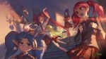  5girls alternate_costume alternate_hairstyle animal backpack bag blue_hair blush book bow closed_eyes green_hair hair_ornament highres janna_windforce jinx_(league_of_legends) league_of_legends lulu_(league_of_legends) luxanna_crownguard multiple_girls necktie official_art open_mouth plaid plaid_skirt pointy_ears poppy red_eyes redhead school_uniform skirt stairs star_guardian_janna star_guardian_jinx star_guardian_lulu star_guardian_lux star_guardian_poppy twintails yordle 