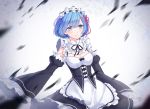  1girl blue_eyes blue_hair blush breasts detached_sleeves frilled_sleeves frills hair_ornament hair_over_one_eye hair_ribbon li_luo looking_at_viewer maid maid_headdress medium_breasts pink_ribbon re:zero_kara_hajimeru_isekai_seikatsu rem_(re:zero) ribbon ribbon_trim short_hair solo tears underbust x_hair_ornament 