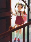  absurdres backpack bag bakemonogatari bandaid bandaid_on_knee black_hair door hachikuji_mayoi hairband highres long_hair monogatari_(series) red_eyes ribbon school_uniform skirt snail tied_hair twintails watanabe_akio wristband 