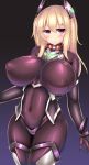  1girl bare_shoulders blonde_hair bodysuit breasts curvy highres huge_breasts kutan long_hair pink_eyes solo thick_thighs thighs wide_hips 