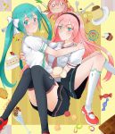  2girls absurdres aqua_eyes aqua_hair blush cake candy carrying cupcake food fruit hair_ribbon hairband hatsune_miku heart highres lollipop macaron megurine_luka multiple_girls pink_hair plate princess_carry qia_jia_meow ribbon skirt strawberry takoluka thigh-highs vocaloid yuri zettai_ryouiki 