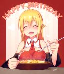  1girl ^_^ ahoge antenna_hair artist_name bare_shoulders blonde_hair blueberry_(5959) blush breasts cleavage closed_eyes detached_sleeves food hair_between_eyes happy_birthday holding holding_spoon large_breasts long_hair open_mouth sitting sleeveless smile solo steam teeth tsurumaki_maki vocaloid voiceroid 