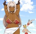  1boy 2girls adapted_costume alicia_(granblue_fantasy) aliza_(granblue_fantasy) alternate_skin_color animal_ears arms_up bangs bikini blue_sky blush breasts cat_ears cleavage clouds collarbone cross cross_earrings curvy dark_skin day doraf earrings erun_(granblue_fantasy) eyebrows eyebrows_visible_through_hair flying_kick ghostdoctor granblue_fantasy groin hair_intakes horns in_the_face jealous jewelry kicking large_breasts long_hair looking_at_viewer mature mother_and_daughter multiple_girls navel one-piece_swimsuit outdoors pointy_ears ponytail red_bikini red_eyes sagging_breasts sarong silver_hair sky smile solo_focus spitting spitting_blood stan_(grandblue_fantasy) swimsuit under_boob 