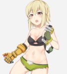  1girl blonde_hair breasts cleavage explosive fang fingerless_gloves front-tie_top genderswap genderswap_(mtf) gloves groin highres junkrat_(overwatch) mechanical_arm medium_breasts navel open_mouth overwatch red_eyes short_shorts shorts single_glove solo tian_zhao_tian_dou torn_clothes torn_shorts 