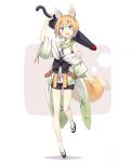  1girl animal_ears bare_shoulders belt blonde_hair blue_eyes bow buttons extra_ears fang fox_ears fox_tail full_body holding jacket looking_at_viewer off_shoulder open_mouth original poco_(asahi_age) sailor_collar sash shiratama_kitsune shirt short_hair shorts simple_background sleeveless sleeveless_shirt standing standing_on_one_leg tabi tail umbrella white_background 