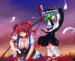  2girls arm_garter black_skirt black_vest breasts cleavage closed_eyes closed_mouth collarbone dress field flower flower_field from_side green_hair hair_bobbles hair_ornament hat hat_ribbon hitodama japanese_clothes juliet_sleeves large_breasts long_sleeves looking_at_another multiple_girls obi onozuka_komachi profile puffy_short_sleeves puffy_sleeves red_eyes red_ribbon redhead ribbon rod_of_remorse sash scythe shiki_eiki short_sleeves skirt skirt_set small_breasts smile spider_lily tenyunkel thigh-highs touhou two_side_up white_legwear white_ribbon 