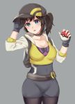  1girl black_gloves black_hair blue_eyes breasts choker cleavage covered_navel female_protagonist_(pokemon_go) fingerless_gloves gloves hat highres hips holding large_breasts open_mouth pantyhose poke_ball pokemon pokemon_go ponytail solo tian_zhao_tian_dou 