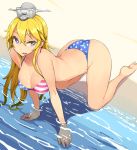  1girl all_fours american_flag_bikini bare_legs barefoot beach bikini blonde_hair blue_eyes breasts cleavage flag_print hair_between_eyes hat iowa_(kantai_collection) kantai_collection long_hair medium_breasts nac000 open_mouth outdoors partially_submerged solo swimsuit 