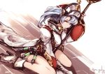  1girl :/ artist_name blue_hair boots breasts closed_mouth granblue_fantasy hat high_heel_boots high_heels holding holding_staff jewelry kyouya_(mukuro238) large_breasts long_sleeves looking_at_viewer pelvic_curtain puffy_long_sleeves puffy_sleeves sitting solo sophia_(granblue_fantasy) staff test_tube twintails wariza white_boots yellow_eyes 
