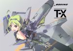  1girl aircraft airplane bodysuit boeing cowboy_shot flying gloves green_hair highres jet looking_at_viewer mecha mecha_musume military military_vehicle nenchi personification solo t-x_chan violet_eyes 