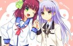  2girls angel_beats! blazer green_eyes hairband jacket long_hair multiple_girls one_eye_closed purple_hair satomi_yoshitaka school_uniform serafuku short_hair silver_hair standing tachibana_kanade yellow_eyes yuri_(angel_beats!) 