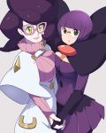  2girls big_hair bob_cut breast_press breasts brown_eyes cleavage elbow_gloves gloves green_eyes highres holding_hands large_breasts long_sleeves looking_at_viewer memorinn multiple_girls pink-framed_eyewear pleated_skirt plumsmoke pokemon pokemon_(game) pokemon_bw pokemon_sm purple_hair purple_skirt ribbed_sweater shauntal_(pokemon) short_hair skirt sweater turtleneck_sweater violet_eyes wicke_(pokemon) 