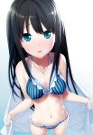  1girl absurdres anma_yado bikini breasts brown_hair cleavage green_eyes highres idolmaster idolmaster_cinderella_girls jewelry long_hair looking_at_viewer looking_up necklace open_mouth shibuya_rin solo striped striped_bikini swimsuit 