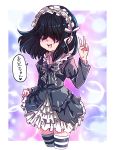  1girl artist_name black_hair blue_eyes bubble choker dress frilled_dress frills hair_over_one_eye hairband highres jcm2 lucy_loud open_mouth signature skirt_hold smile solo striped striped_legwear the_loud_house thigh-highs translation_request v zettai_ryouiki 