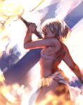 1girl arched_back ass back bikini_top blurry dark_skin depth_of_field fire flame flame_trail flat_chest highres looking_at_viewer looking_back magic original pachyphytum red_eyes sarong short_hair solo staff white_hair 