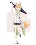  1girl animal_ears bare_shoulders blonde_hair blue_eyes bow buttons extra_ears fang fox_ears fox_tail full_body holding looking_at_viewer open_mouth original poco_(asahi_age) sailor_collar shiratama_kitsune shirt short_hair shorts simple_background sleeveless sleeveless_shirt standing standing_on_one_leg tabi tail umbrella white_background 