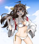  1girl adapted_costume ahoge bikini bikini_bottom bikini_top blue_sky blush breasts brown_eyes brown_hair cleavage clouds commentary_request detached_sleeves double_bun grey_eyes hairband hand_on_own_stomach hand_up headgear kantai_collection kongou_(kantai_collection) looking_at_viewer medium_breasts navel o-ring_bikini o-ring_top open_mouth shade shino_(ponjiyuusu) sidelocks sketch sky smile solo swimsuit white_bikini wide_sleeves 