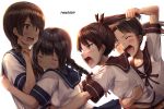  4girls ayanami_(kantai_collection) black_hair blush braid brown_eyes brown_hair commentary_request english hair_pull hug ichikawa_feesu isonami_(kantai_collection) kantai_collection long_hair mouth multiple_girls open pleated_skirt ponytail school_uniform shikinami_(kantai_collection) short_sleeves simple_background skirt smile surprised upper_body uranami_(kantai_collection) white_background 