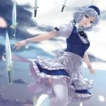  1girl apron blue_eyes blurry braid clouds dagger depth_of_field floating_object garter_straps highres izayoi_sakuya maid maid_headdress outdoors petals rokuwata_tomoe short_hair silver_hair skirt sky solo thigh-highs touhou twin_braids waist_apron weapon white_legwear wrist_cuffs 