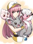  1girl armband bangs baseball_cap belt blunt_bangs dress fate/grand_order fate_(series) flaaffy hat holding igglybuff long_hair looking_at_viewer medb_(fate/grand_order) minccino on_shoulder open_mouth pink_hair pokemon pokemon_(creature) shimo_(s_kaminaka) short_sleeves simple_background smile yellow_clothes yellow_eyes yellow_hat 