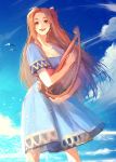 1girl bianyang bird blue_dress blue_sky brown_eyes brown_hair dress flower hair_flower hair_ornament hibiscus holding_instrument instrument long_hair marin_(the_legend_of_zelda) ocean open_mouth outdoors seagull sky smile solo standing the_legend_of_zelda the_legend_of_zelda:_link&#039;s_awakening 