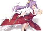  1girl boots hair_ribbon holding holding_sword holding_weapon katana looking_at_viewer necktie petals ponytail purple_hair ribbon rokuwata_tomoe simple_background smile solo sword touhou violet_eyes watatsuki_no_yorihime weapon white_background 