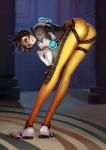  1girl ass backlighting bent_over bodysuit bomber_jacket brown_eyes brown_hair brown_jacket from_behind full_body gloves goggles harness hei_yu highres indoors jacket long_legs looking_at_viewer looking_back overwatch shoes short_hair skin_tight smile solo spiky_hair standing tracer_(overwatch) 
