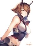  1girl ;) artist_name bare_shoulders breasts brown_hair closed_mouth from_side gloves green_eyes hairband headgear kantai_collection kyouya_(mukuro238) large_breasts looking_at_viewer looking_to_the_side midriff mutsu_(kantai_collection) navel one_eye_closed radio_antenna short_hair sideboob sleeveless smile solo stomach upper_body white_background white_gloves 