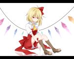  1girl ahoge ascot blonde_hair boots bow brown_boots collar dress flandre_scarlet frilled_collar frills hair_ribbon highres letterboxed no_hat no_headwear puffy_short_sleeves puffy_sleeves red_bow red_dress red_eyes red_ribbon reflective_floor ribbon short_sleeves side_ponytail simple_background solo touhou white_background wing_collar wings wristband 