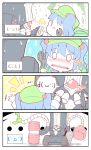 +++ 4koma absurdres alex_(alexandoria) backpack bag blush blush_stickers boxing_gloves caterpillar_tracks charles_babbage_(fate/grand_order) comic emoticon fate/grand_order fate_(series) flat_cap flying_sweatdrops green_hat hair_bobbles hair_ornament hammer hat highres index_finger_raised kawashiro_nitori mechanical_arm o_o sweat tearing_up touhou trembling twintails white_skin wrench 