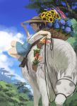  1girl adjusting_clothes adjusting_hat armpits basket brown_hair clouds flower flower_request from_side hat highres holding_reins horse lily_of_the_valley original pachyphytum reins saddle short_hair skirt sky solo_focus sun_hat sunflower suspender_skirt suspenders sweat tree tulip 