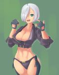  1girl angel_(kof) belt blue_eyes breasts chaps cleavage clenched_hand cropped_jacket fangs fingerless_gloves gloves green_background hair_over_one_eye highres large_breasts midriff navel open_mouth panties pincerpencil short_hair silver_hair sleeves_folded_up solo the_king_of_fighters toned underwear zipper 