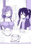  2girls breasts closed_eyes cup flat_chest long_hair love_live! love_live!_school_idol_project monochrome multiple_girls sky_(freedom) teapot toujou_nozomi translation_request twintails yazawa_nico 