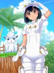  1girl aether_foundation_employee alolan_vulpix black_hair brown_eyes clouds cloudy_sky coconut_tree dress palm_tree pokemon pokemon_(game) pokemon_sm pouch short_dress short_hair sky smile soyo2106 tree 