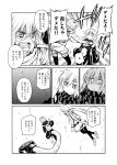  2girls backpack bag breasts comic hands_on_another&#039;s_shoulders hood hoodie kantai_collection long_hair long_sleeves low_twintails monochrome multiple_girls navel neckerchief o-ring_bikini open_clothes open_hoodie open_mouth re-class_battleship rebreather satsuki_(kantai_collection) scarf school_uniform serafuku shaded_face short_hair small_breasts smile surprised sweat tail thigh-highs translation_request twintails underwater wide_sleeves zepher_(makegumi_club) 